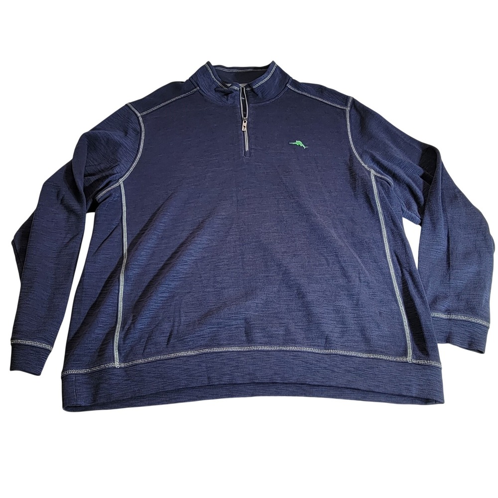 Tommy Bahama Mens 2XL Navy Blue Half Zip Pullover Cotton Pima Tencel Slub Knit